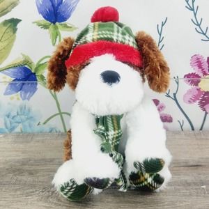 Gentle Treasures Puppy Dog Plush 14" Plaid Hat & Scarf Winter Christmas Holiday